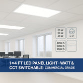 LED panel light in an office setting with technical specifications displayed. 1x4 flat panel led light